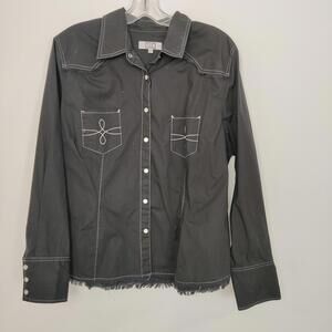 MXM Black Western Contrast Stitch Button-Up Shirt Jacket Frayed Hem 20